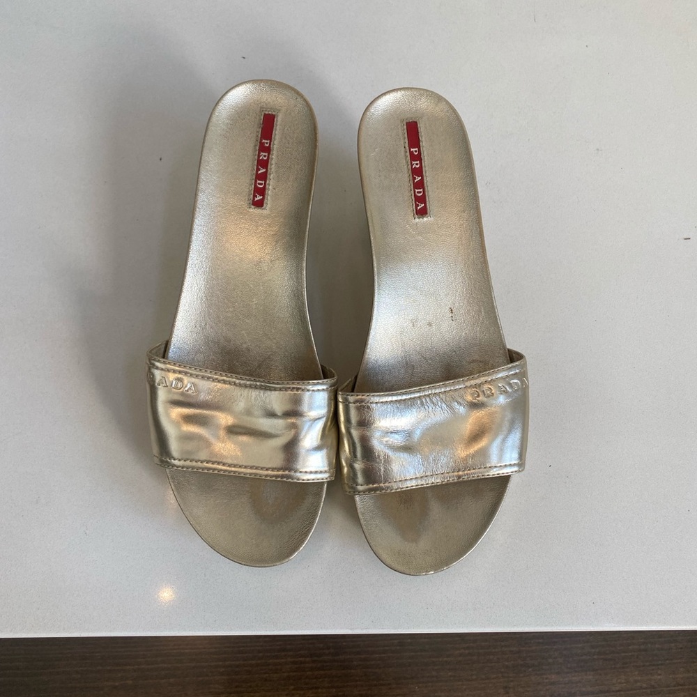 Prada Gold Leather Platform Wedges slide